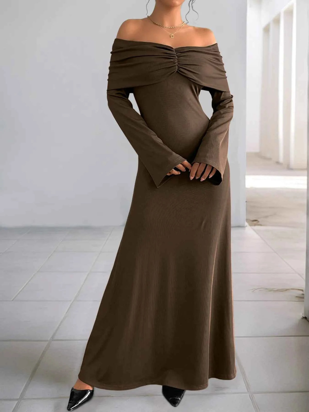 Off-Shoulder Long Sleeve Bodycon Maxi Dress