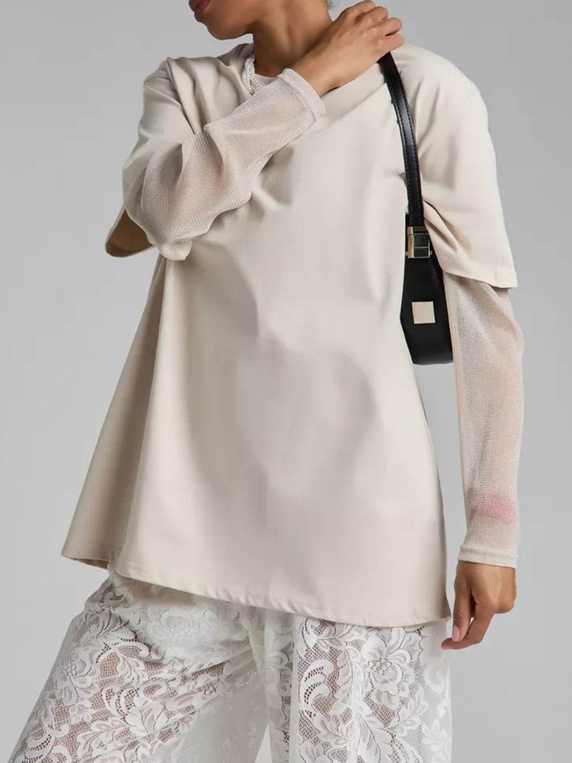 Faux Layered Round Neck Mesh Sleeve Top - Amexza