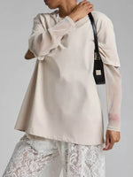 Faux Layered Round Neck Mesh Sleeve Top - Amexza