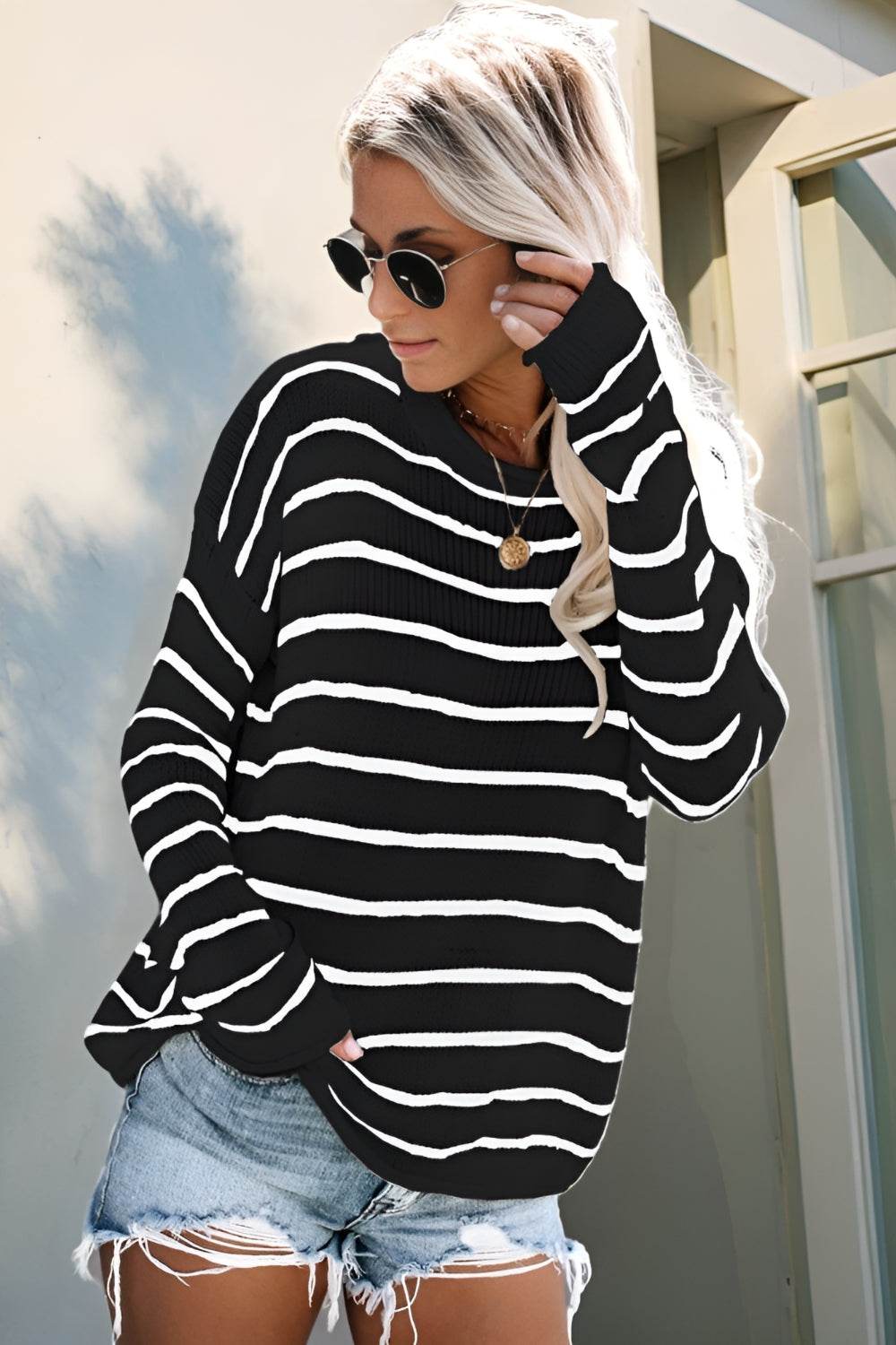 Striped Round Neck Drop Shoulder Sweater - Amexza