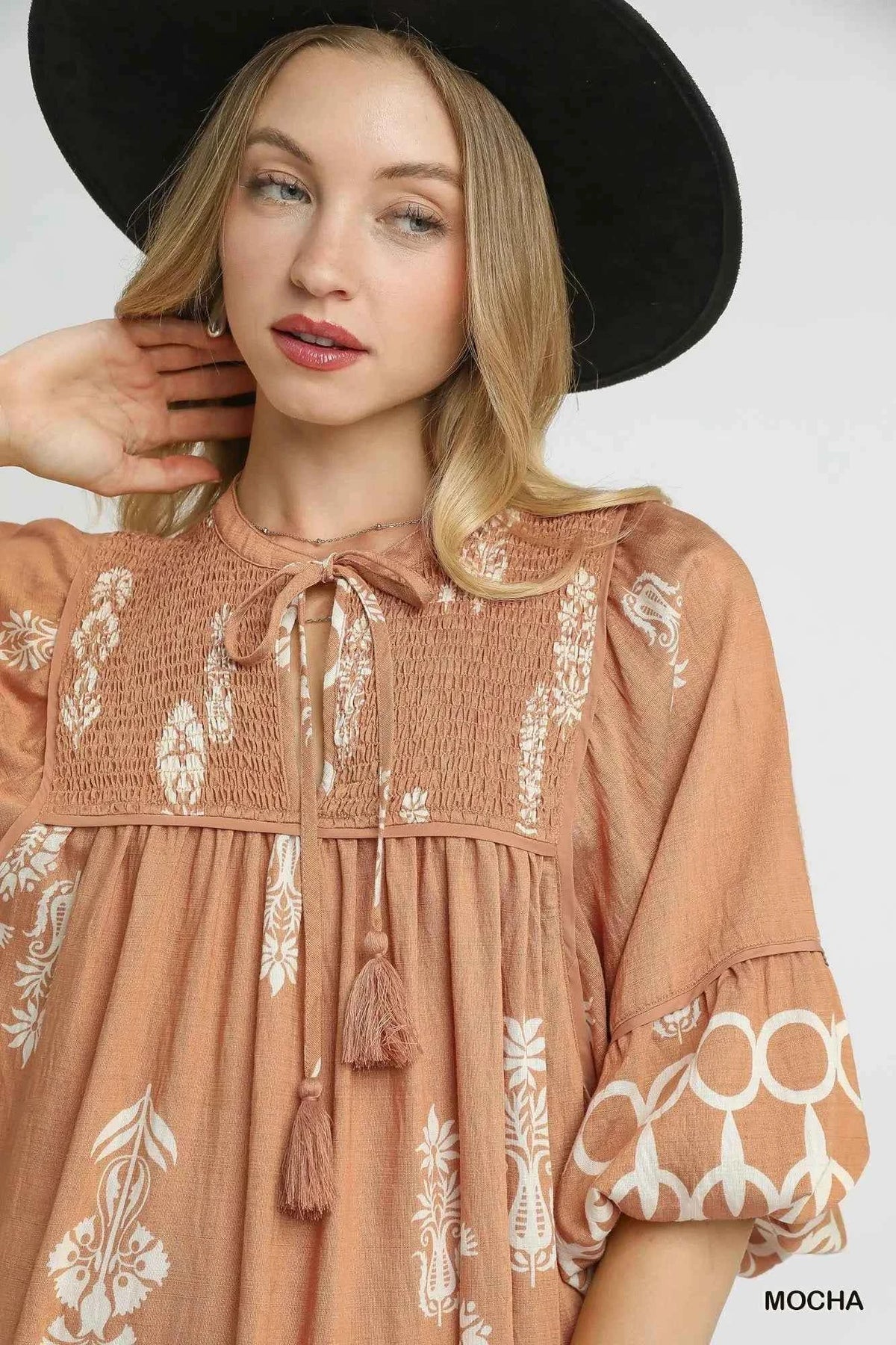 Umgee Boarder Print Tassel Tie Neck Mini Dress