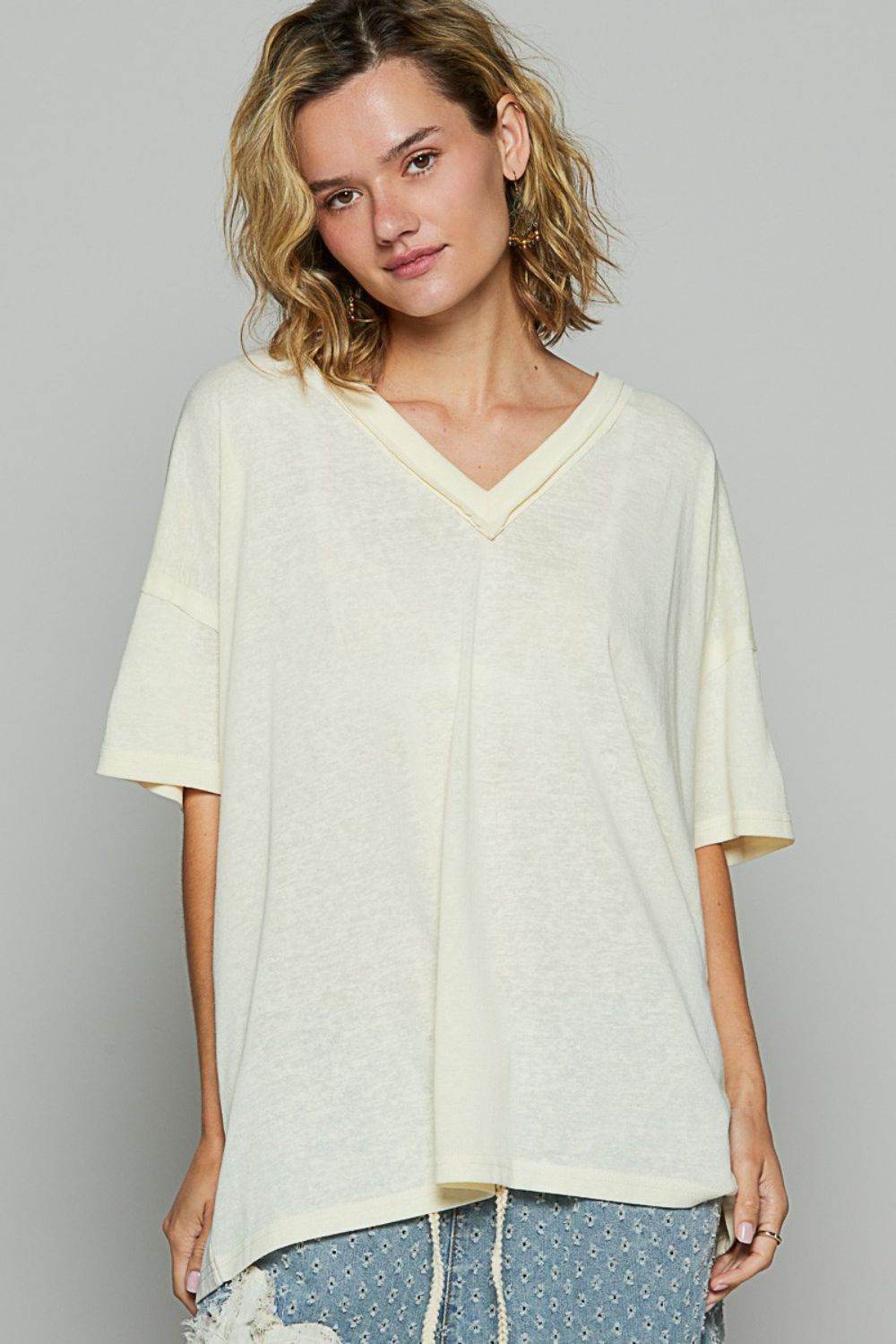 POL V-Neck Half Sleeve T-Shirt CUSTARD for a perfect OOTD – dress to impress outfits from Amexza