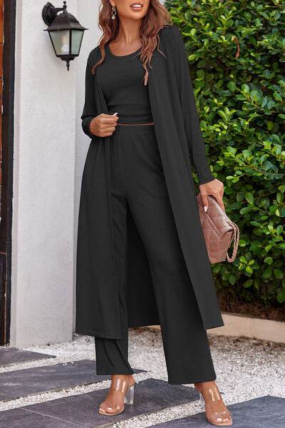 Drawstring Tank, Long Sleeve Cover Up and Pants Set Black for a perfect OOTD – dress to impress outfits from Amexza