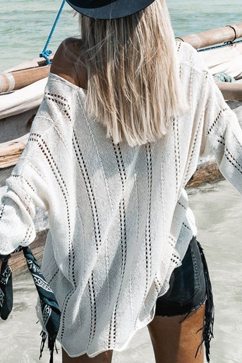 Openwork V-Neck Long Sleeve Knit Top for a perfect OOTD – dress to impress outfits from Amexza