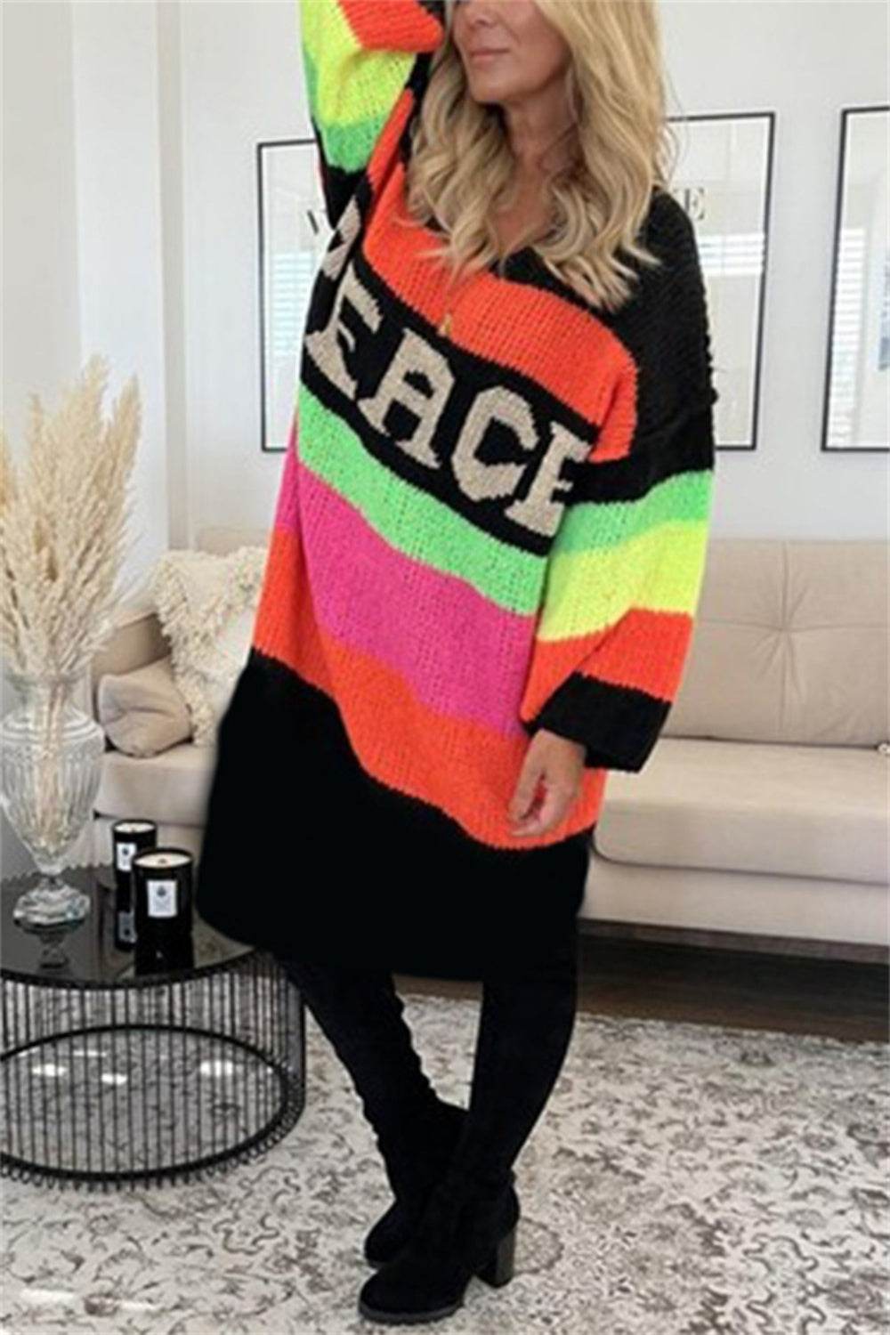 Color Block V-Neck Long Sleeve Sweater Dress Black for a perfect OOTD – dress to impress outfits from Amexza