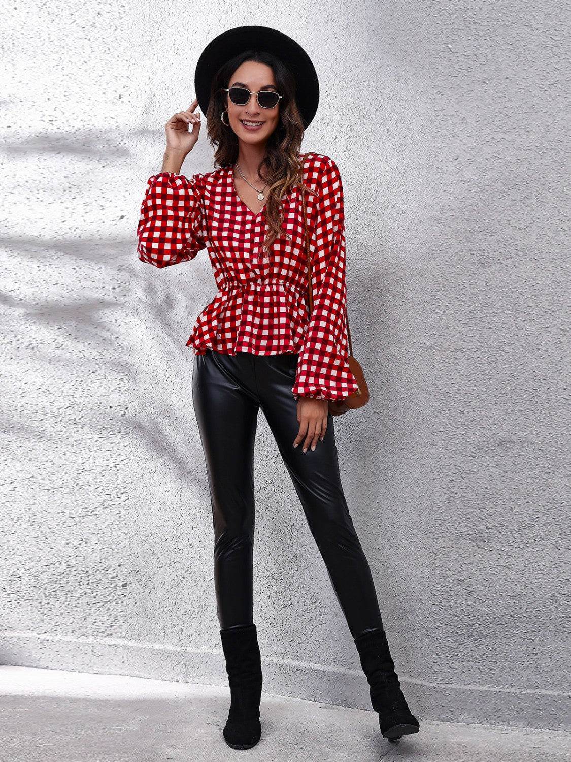 Plaid V-Neck Balloon Sleeve Peplum Blouse for a perfect OOTD – dress to impress outfits from Amexza