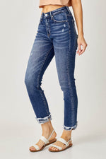 Risen Full Size High-Rise Frayed Cuffed Straight Jeans - Amexza