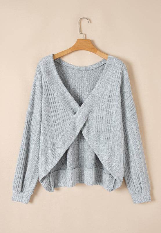 Crossover Backless Long Sleeve Knit Top - Amexza