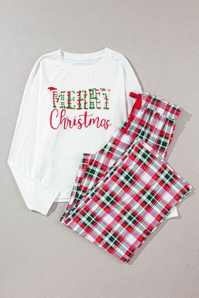 MERRY CHRISTMAS Round Neck Top and Plaid Pants Set for a perfect OOTD – dress to impress outfits from Amexza