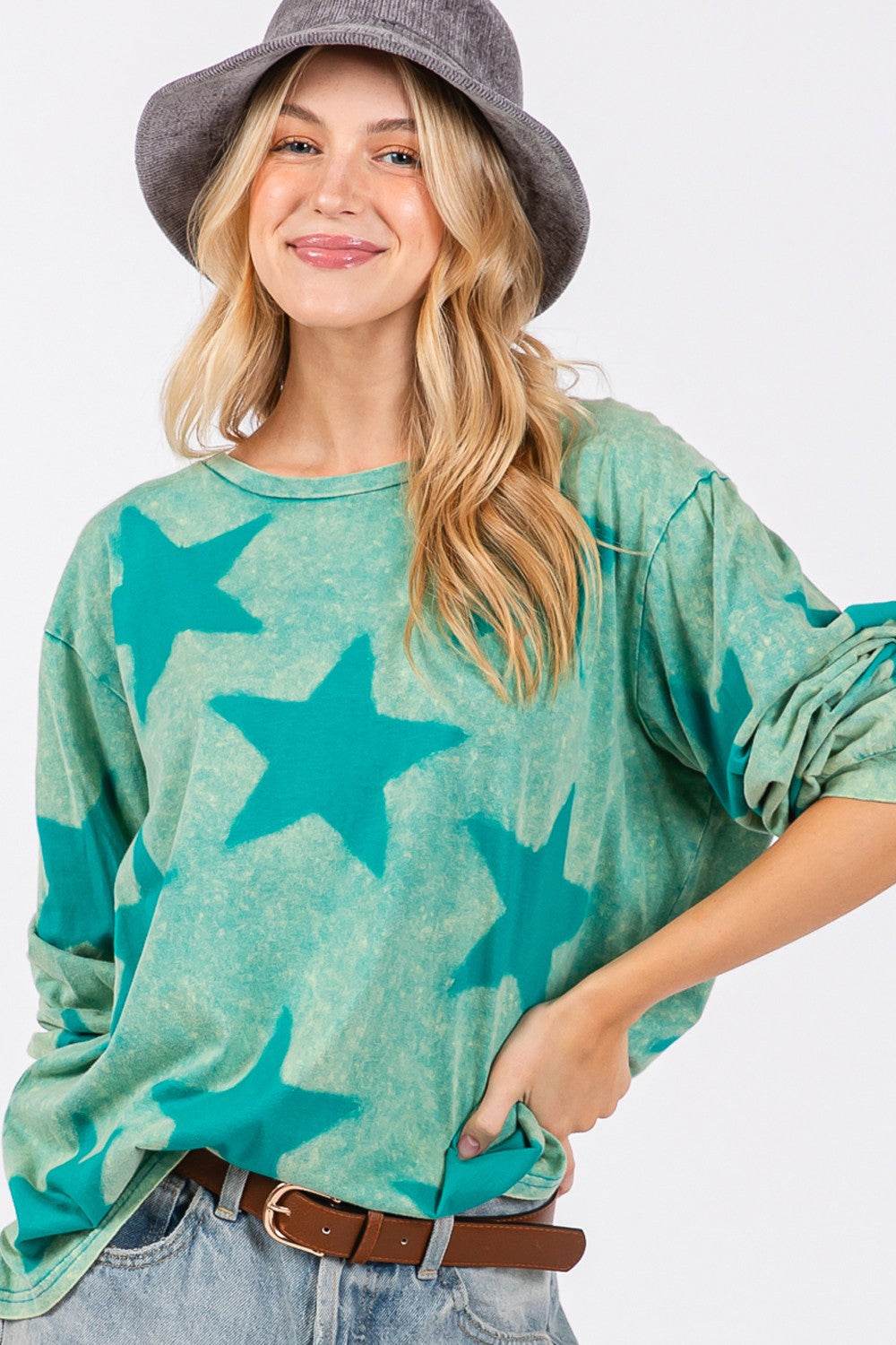 SAGE + FIG Mineral Wash Star Pattern T-Shirt Turquoise for a perfect OOTD – dress to impress outfits from Amexza