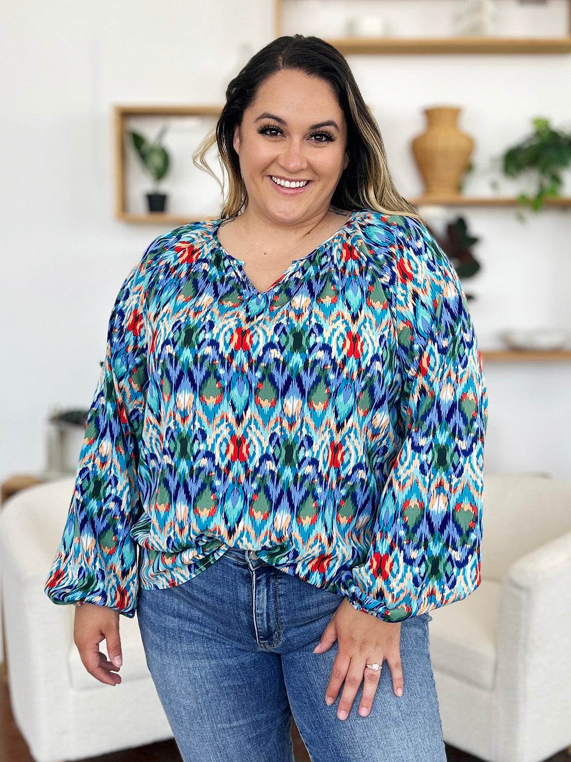 Double Take Full Size Printed Balloon Sleeve Blouse for a perfect OOTD – dress to impress outfits from Amexza