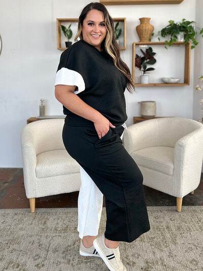 Double Take Full Size Texture Contrast T-Shirt and Wide Leg Pants Set for a perfect OOTD – dress to impress outfits from Amexza