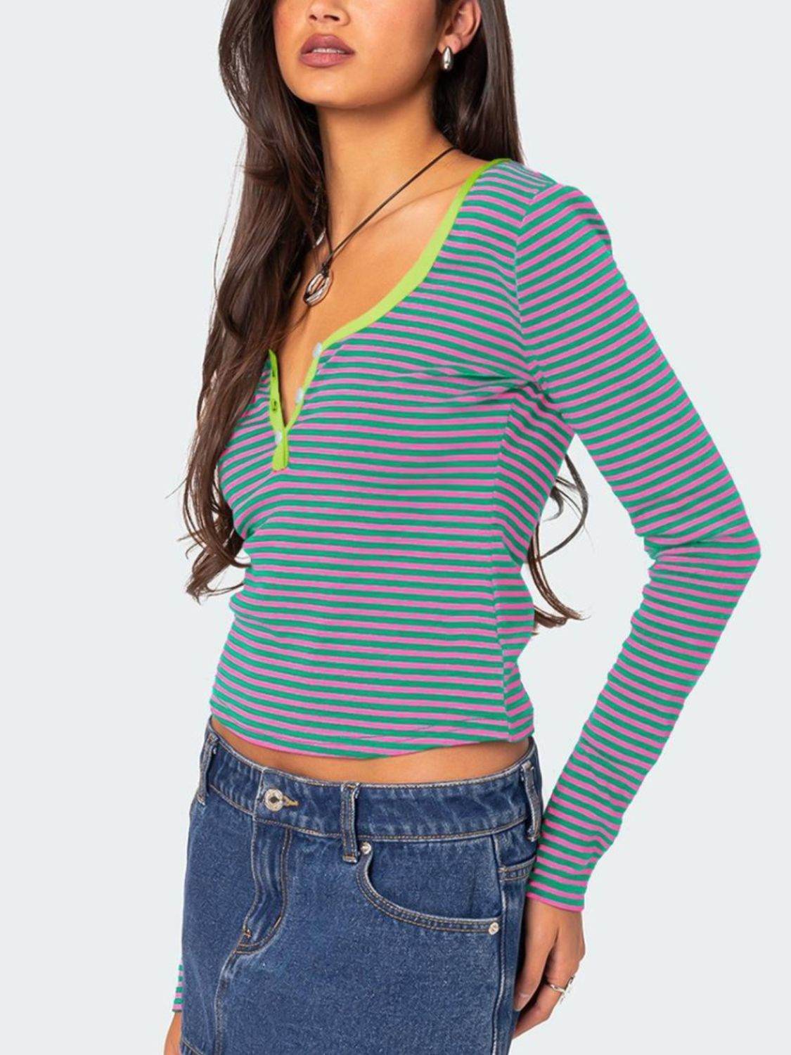 Buttoned Striped Long Sleeve T-Shirt for a perfect OOTD – dress to impress outfits from Amexza