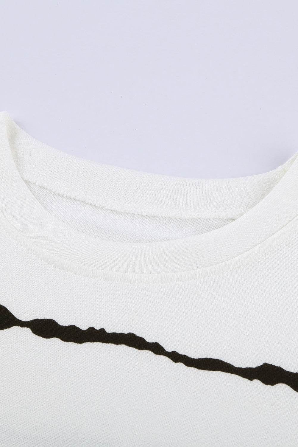 Slit Contrast Striped Round Neck Long Sleeve T-Shirt - Amexza