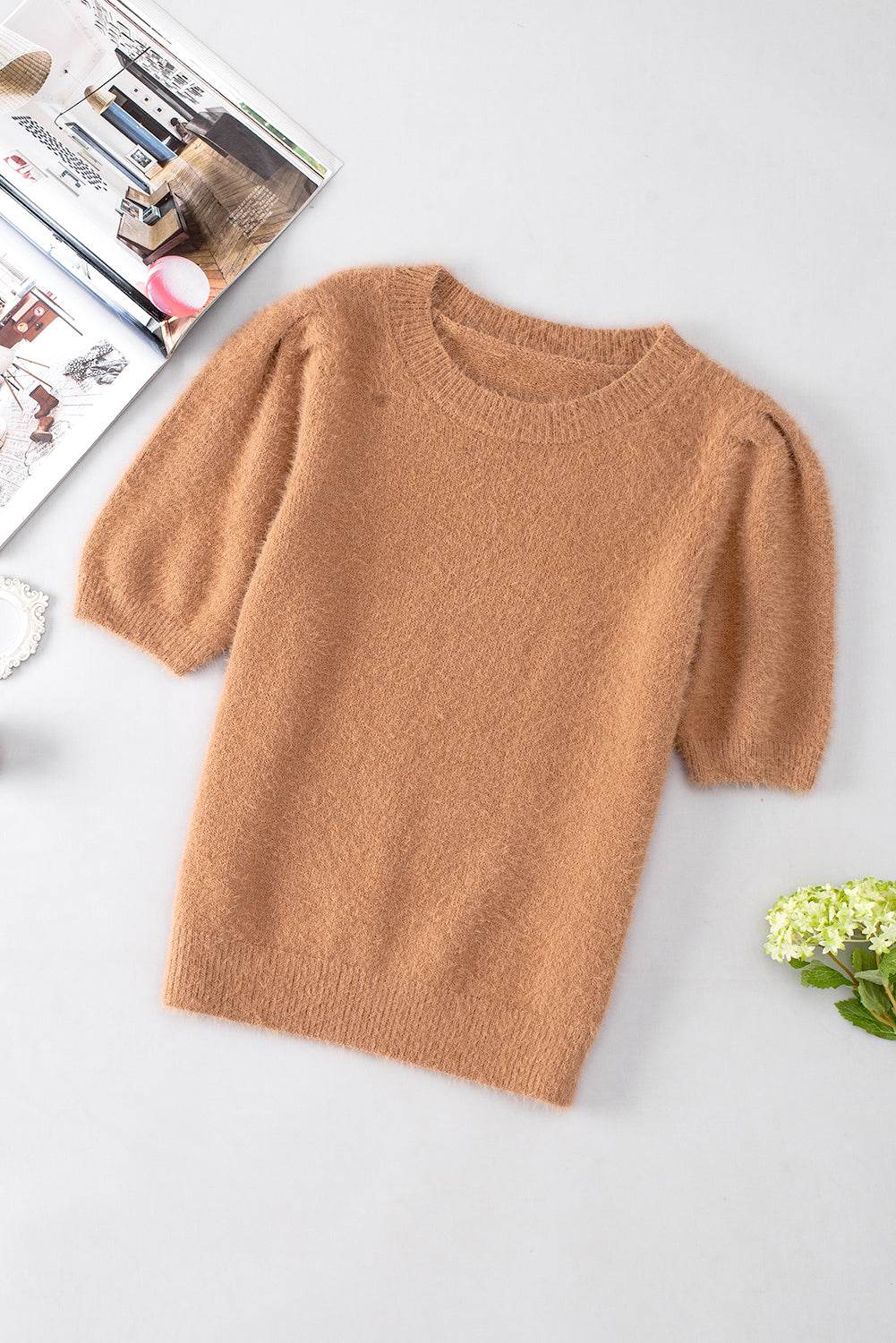 Fuzzy Round Neck Half Sleeve Sweater for a perfect OOTD – dress to impress outfits from Amexza