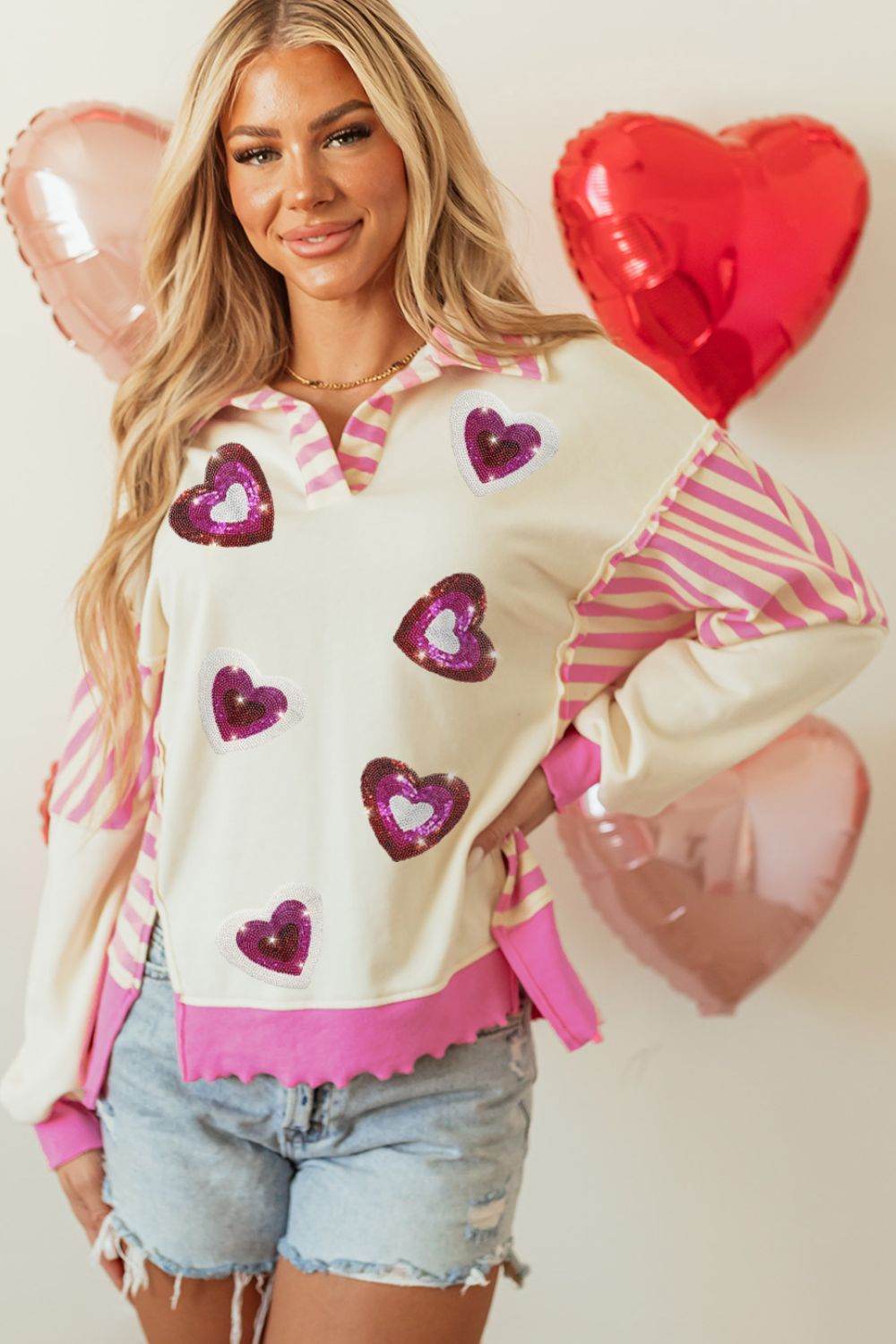 Valentine’s Day Sequin Heart Pattern Long Sleeve Sweatshirt for a perfect OOTD – dress to impress outfits from Amexza