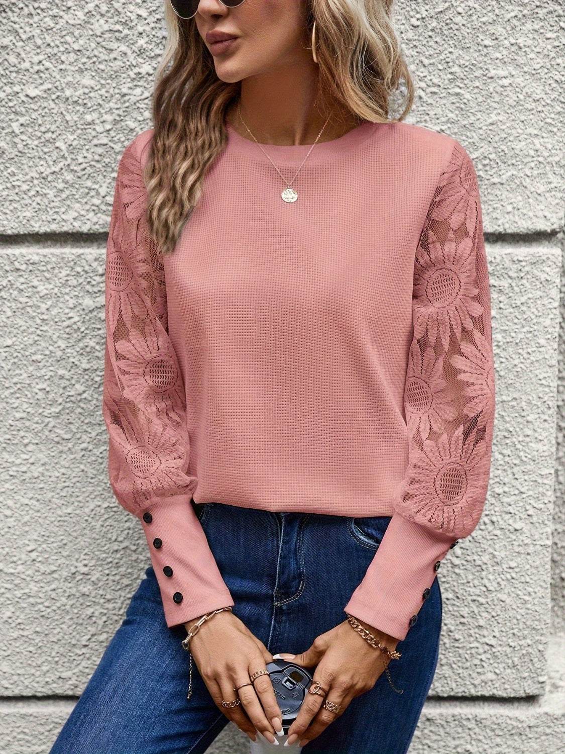 Round Neck Lace Long Sleeve Top Watermelon pink for a perfect OOTD – dress to impress outfits from Amexza