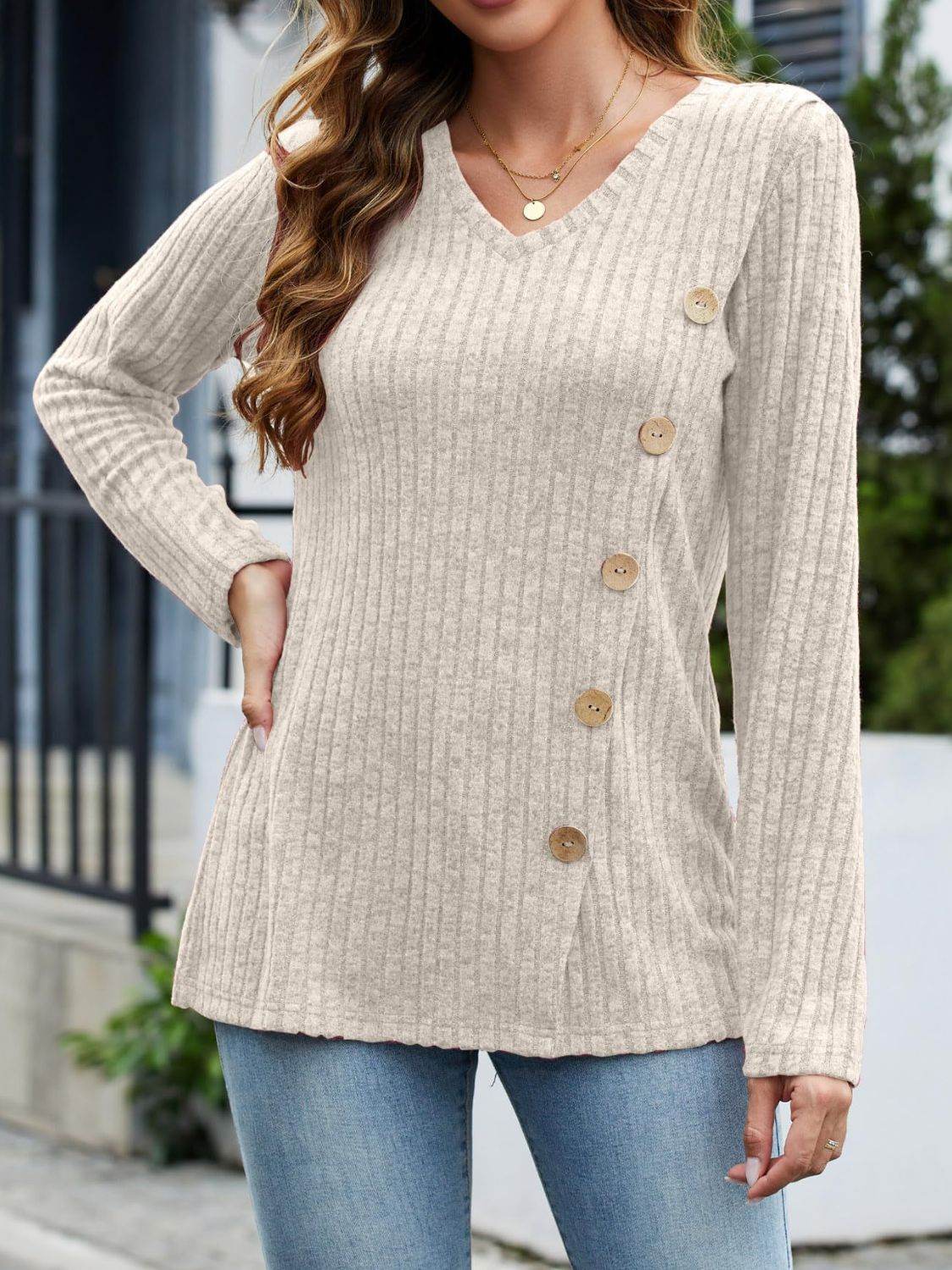 V-Neck Long Sleeve T-Shirt Beige for a perfect OOTD – dress to impress outfits from Amexza