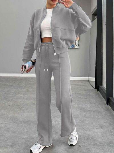 Baseball Collar Zip Up Outerwear and Drawstring Pants Set Gray for a perfect OOTD – dress to impress outfits from Amexza