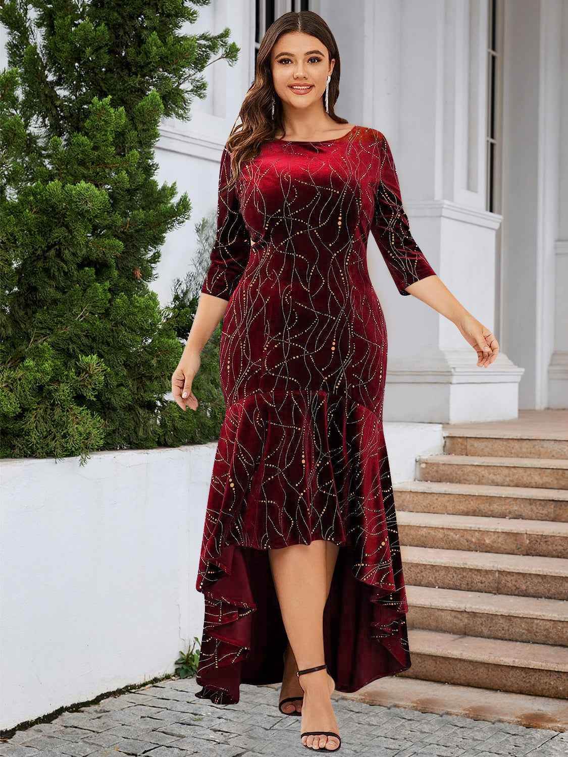 Plus Size Ruffle Hem High-Low Dress Burgundy for a perfect OOTD – dress to impress outfits from Amexza