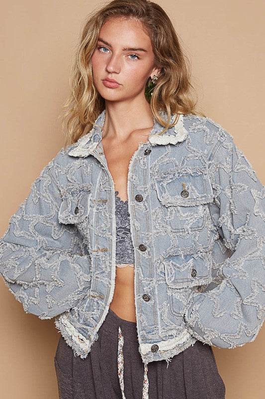 POL Star Textured Raw Hem Long Sleeve Denim Jacket Light for a perfect OOTD – dress to impress outfits from Amexza