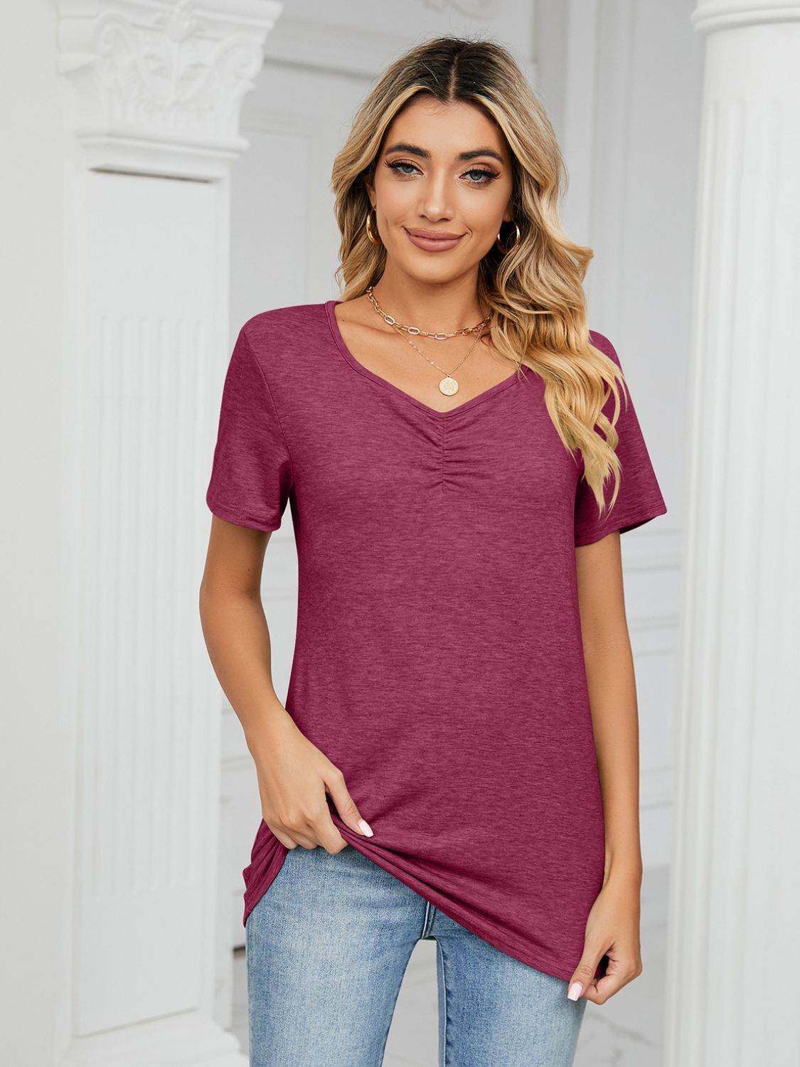 Ruched V-Neck Short Sleeve T-Shirt for a perfect OOTD – dress to impress outfits from Amexza