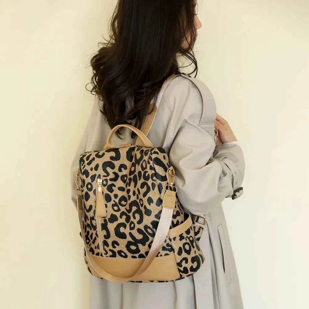 Leopard PU Leather Backpack Bag Camel One Size for a perfect OOTD – dress to impress outfits from Amexza