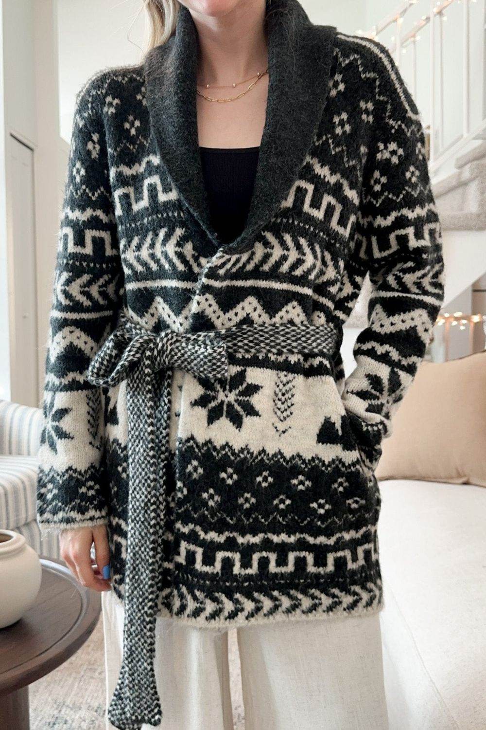 Snowflakes Collared Neck Long Sleeve Cardigan Black for a perfect OOTD – dress to impress outfits from Amexza