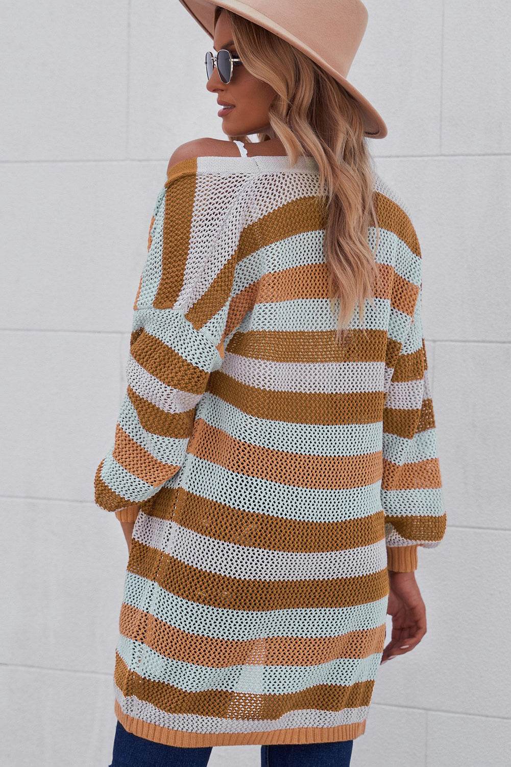 Full Size Striped Long Sleeve Openwork Cardigan for a perfect OOTD – dress to impress outfits from Amexza