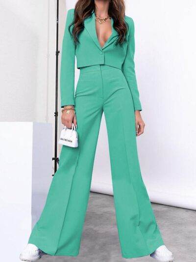 Lapel Collar Cropped Top and Wide Leg Pants Set - Amexza