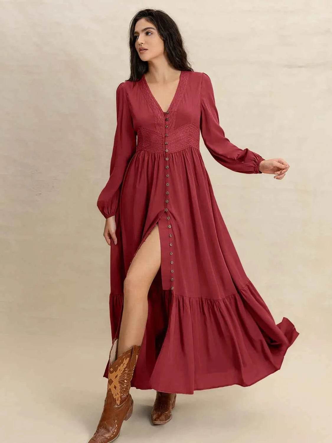 V-Neck Balloon Sleeve Ruffled Hem Maxi Dress for a perfect OOTD – dress to impress outfits from Amexza