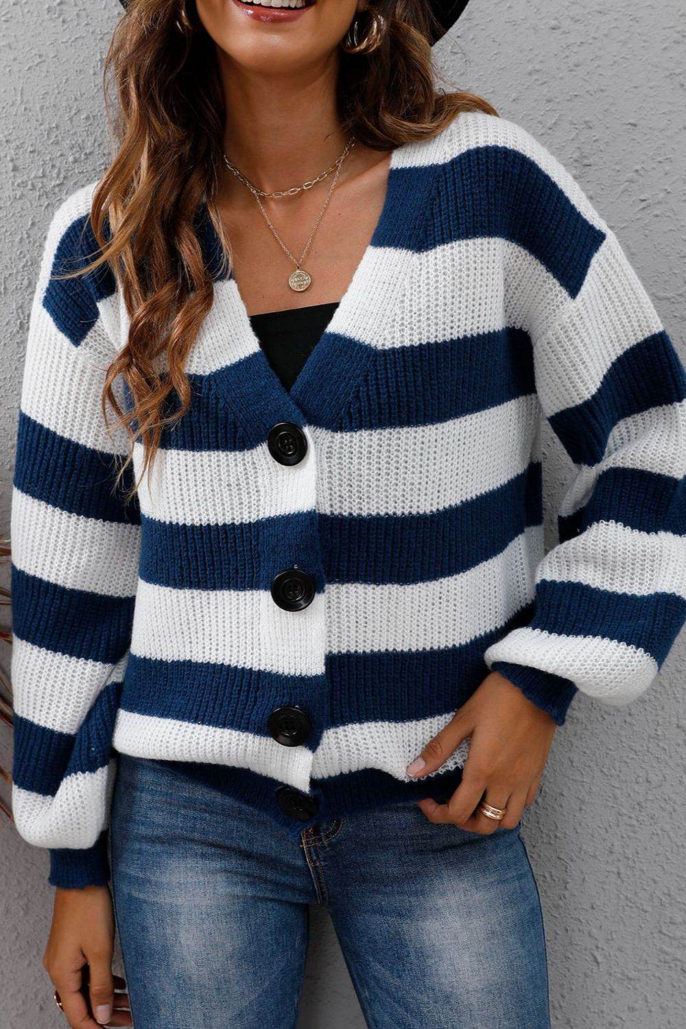 Striped Button Up Long Sleeve Sweater for a perfect OOTD – dress to impress outfits from Amexza