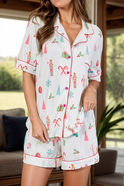 Printed Short Sleeve Top and Shorts Lounge Set White for a perfect OOTD – dress to impress outfits from Amexza