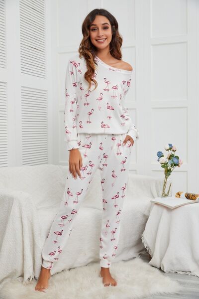 Flamingo Long Sleeve Top and Pants Lounge Set White for a perfect OOTD – dress to impress outfits from Amexza