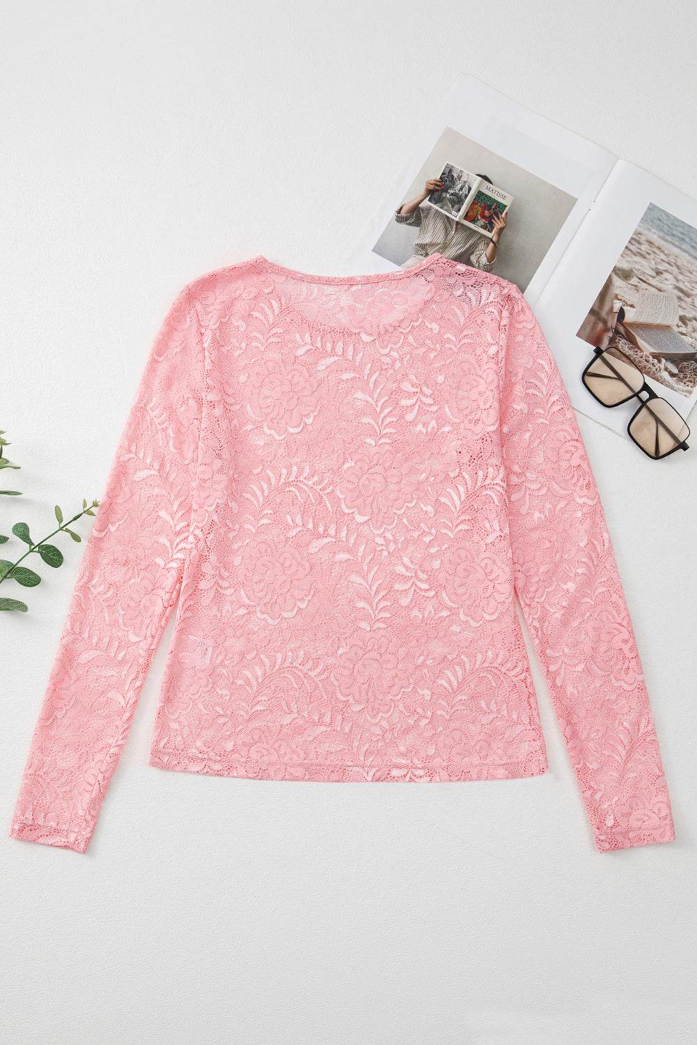 Lace Flower Round Neck Long Sleeve Top for a perfect OOTD – dress to impress outfits from Amexza