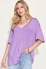 Basic Bae Full Size Bamboo V-Neck Drop Shoulder T-Shirt Lilac for a perfect OOTD – dress to impress outfits from Amexza