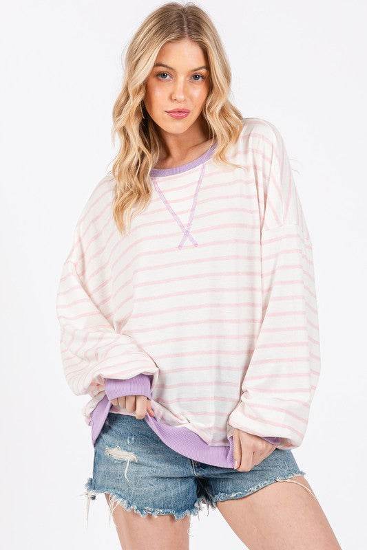 Ces Femme Striped Round Neck Drop Shoulder Sweatshirt Blush Pink for a perfect OOTD – dress to impress outfits from Amexza