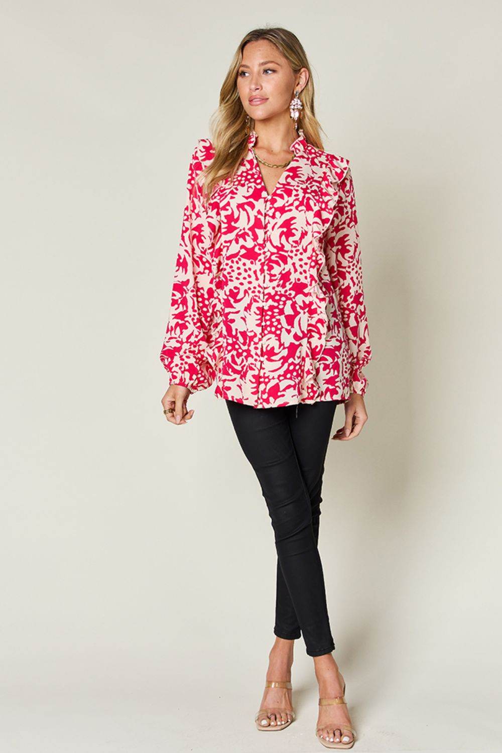 Double Take Full Size Printed Ruffle Trim Balloon Sleeve Shirt for a perfect OOTD – dress to impress outfits from Amexza