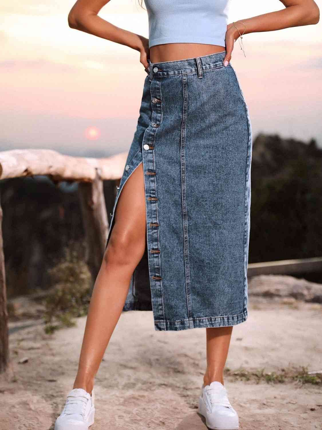 Button Down Denim Skirt - Amexza