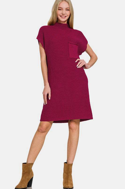 Zenana Mock Neck Short Sleeve Sweater Dress - Amexza