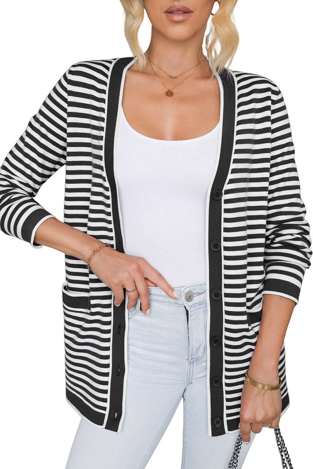 Striped Open Front Long Sleeve Cardigan - Amexza