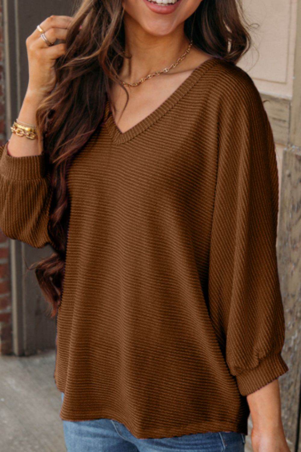 Texture V-Neck Long Sleeve Top for a perfect OOTD – dress to impress outfits from Amexza