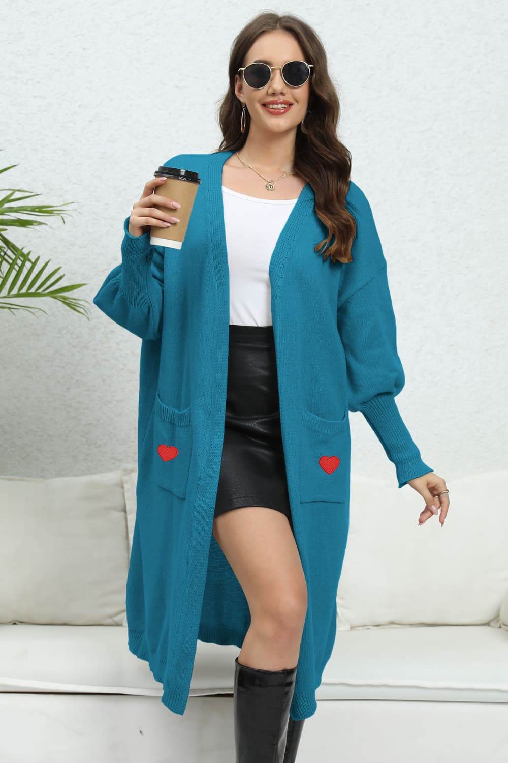 Lantern Sleeve Open Front Pocketed Cardigan Cerulean One Size for a perfect OOTD – dress to impress outfits from Amexza