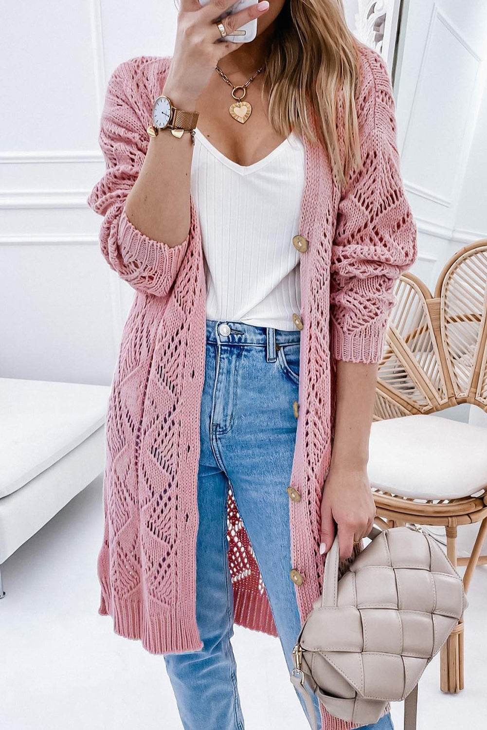 V-Neck Long Sleeve Cardigan Dusty Pink for a perfect OOTD – dress to impress outfits from Amexza