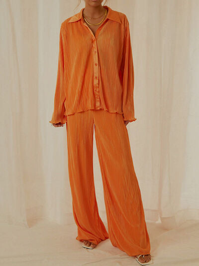 Collared Neck Long Sleeve Top and Pants Lounge Set Orange for a perfect OOTD – dress to impress outfits from Amexza