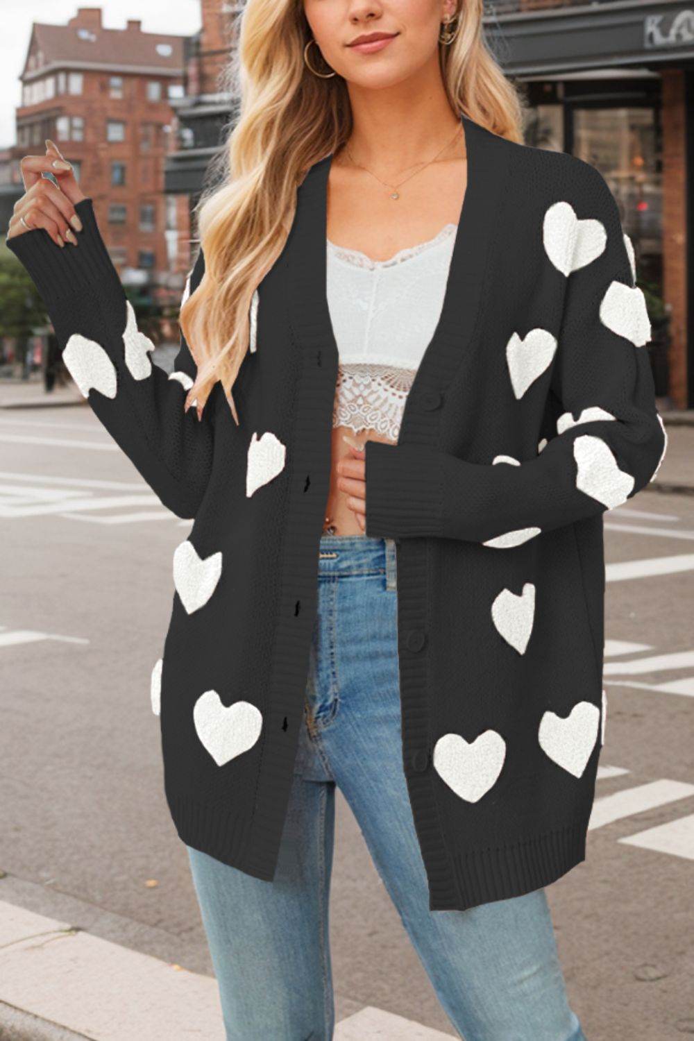 Heart Button Down Long Sleeve Cardigan for a perfect OOTD – dress to impress outfits from Amexza