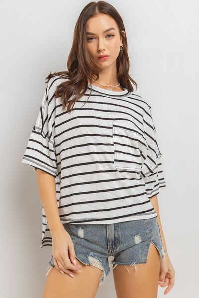 Ces Femme Side Slit Striped Round Neck Half Sleeve T-Shirt for a perfect OOTD – dress to impress outfits from Amexza