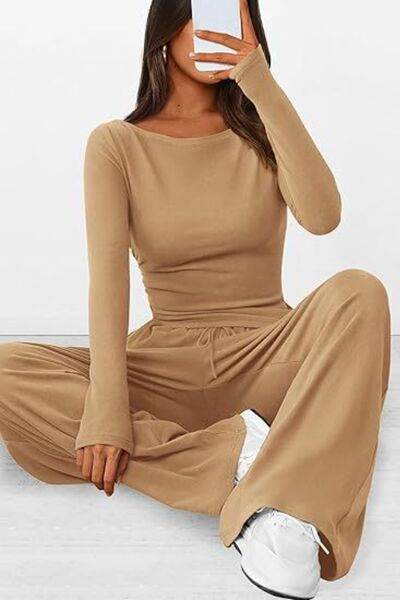 Round Neck Long Sleeve Top and Pants Set - Amexza