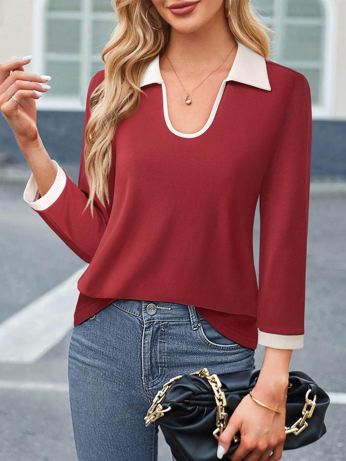 Contrast Collared Neck Long Sleeve Top Rust for a perfect OOTD – dress to impress outfits from Amexza