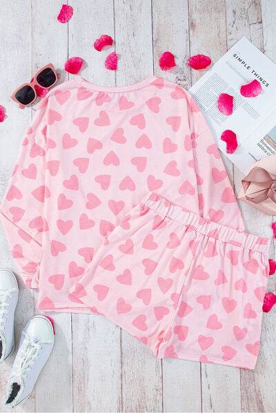 Heart Print Long Sleeve Top and Shorts Lounge Set for a perfect OOTD – dress to impress outfits from Amexza